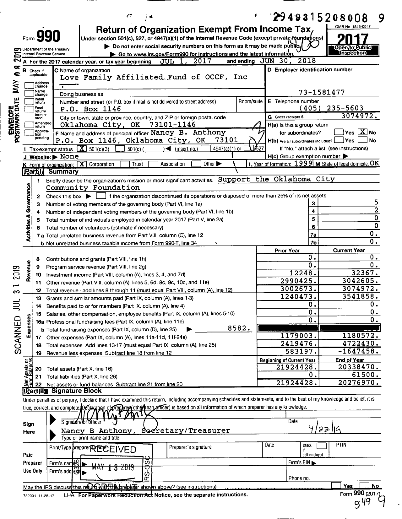 Image of first page of 2017 Form 990 for Love Family Affiliated Fund of OCCF