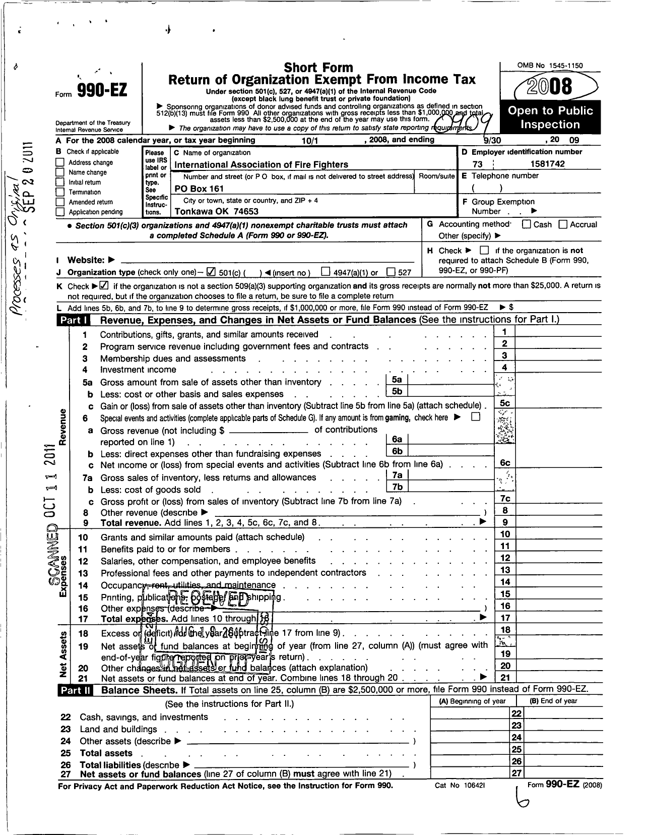 Image of first page of 2008 Form 990EO for International Association of Fire Fighters - 3977l Tonkawa