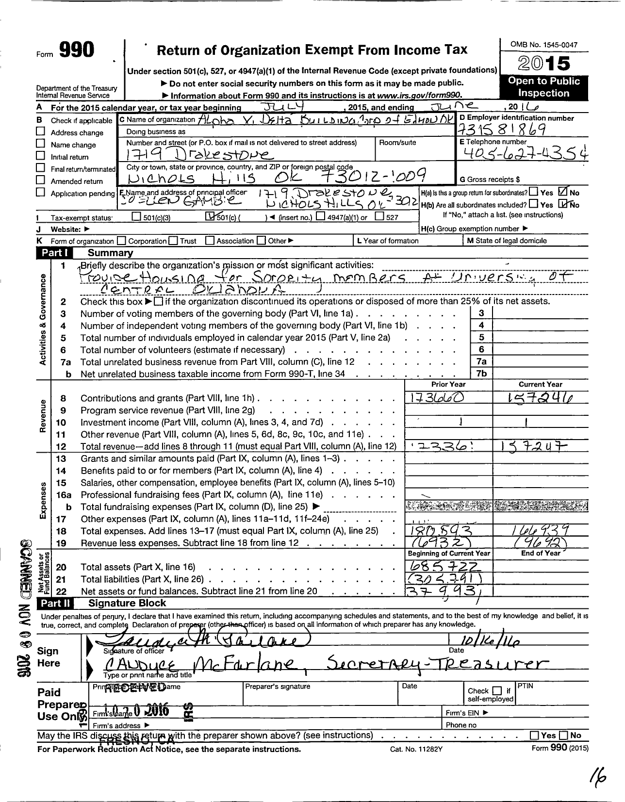 Image of first page of 2015 Form 990O for Alpha Xi Delta Building Corporation of Edmond Oklahoma