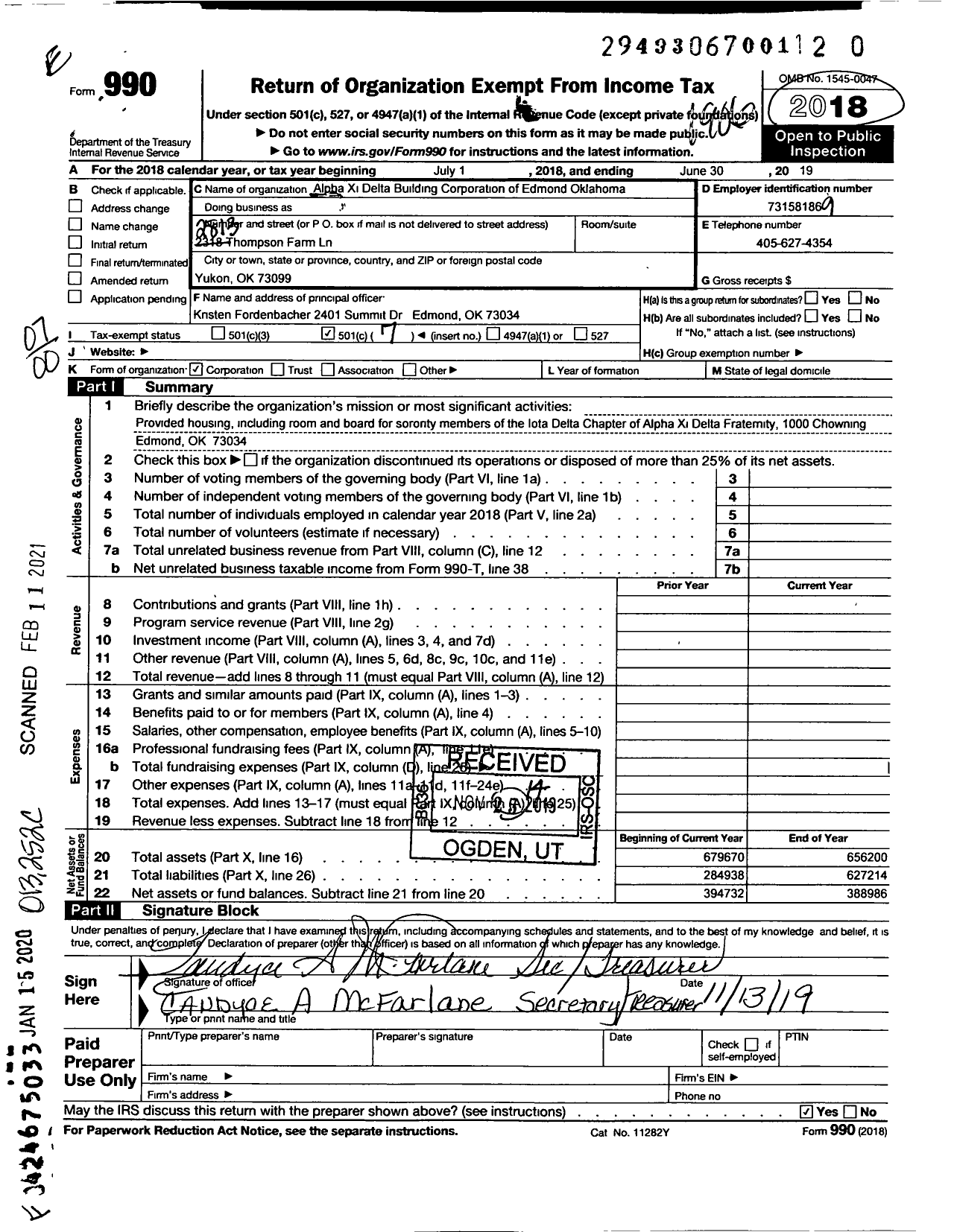 Image of first page of 2018 Form 990O for Alpha Xi Delta Building Corporation of Edmond Oklahoma