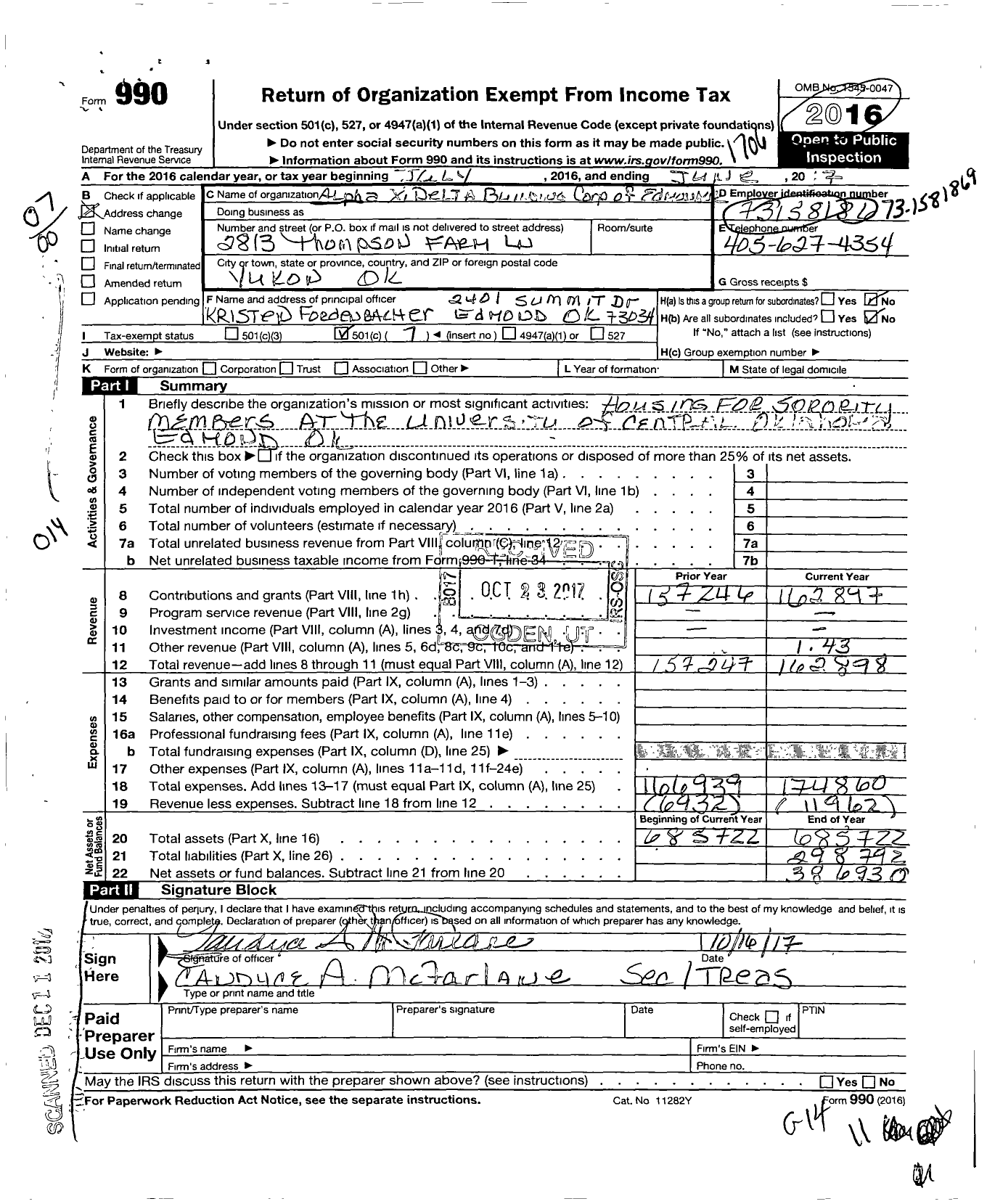 Image of first page of 2016 Form 990O for Alpha Xi Delta Building Corporation of Edmond Oklahoma