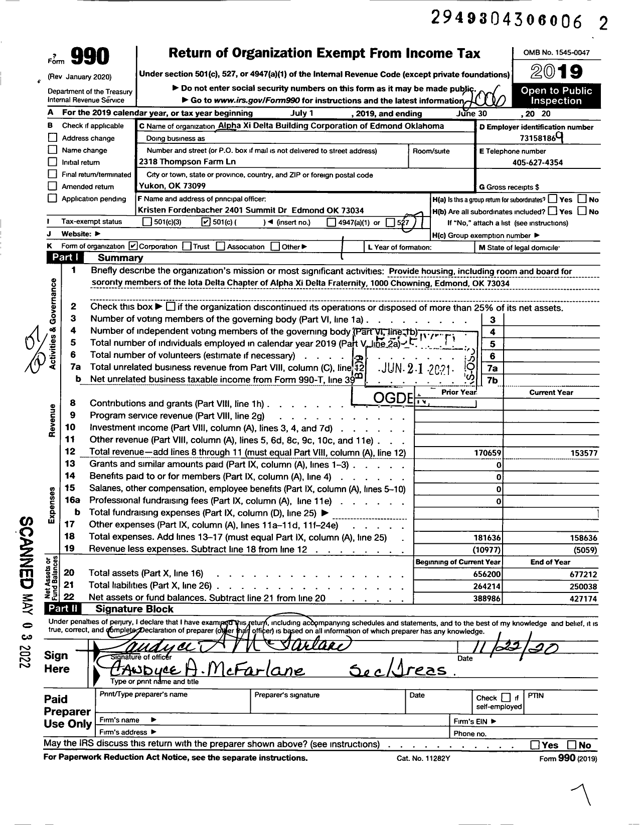 Image of first page of 2019 Form 990O for Alpha Xi Delta Building Corporation of Edmond Oklahoma