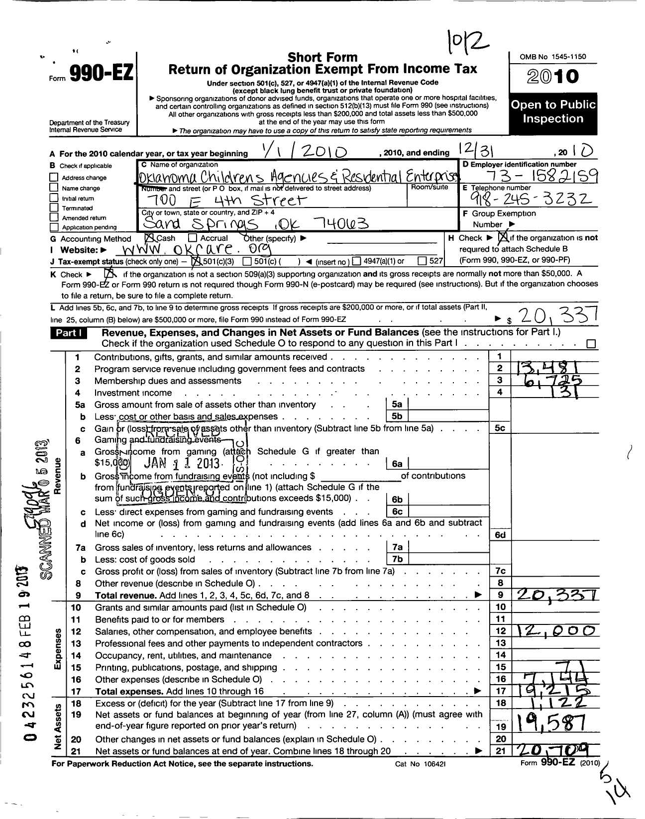 Image of first page of 2010 Form 990EZ for Oklahoma Childrens Agencies and Residential Enterprises