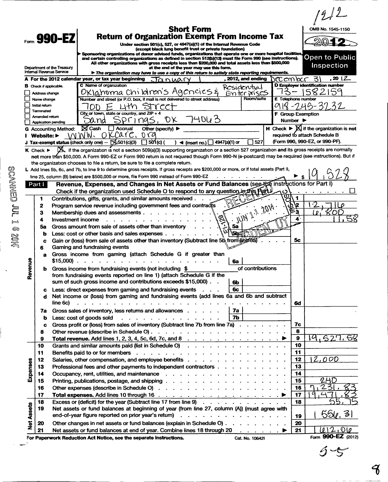 Image of first page of 2012 Form 990EZ for Oklahoma Childrens Agencies and Residential Enterprises