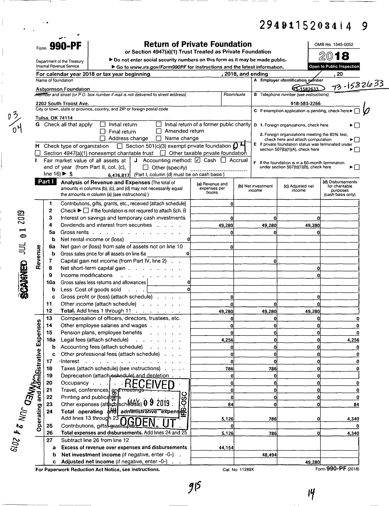 Image of first page of 2018 Form 990PF for Asbjornson Foundation