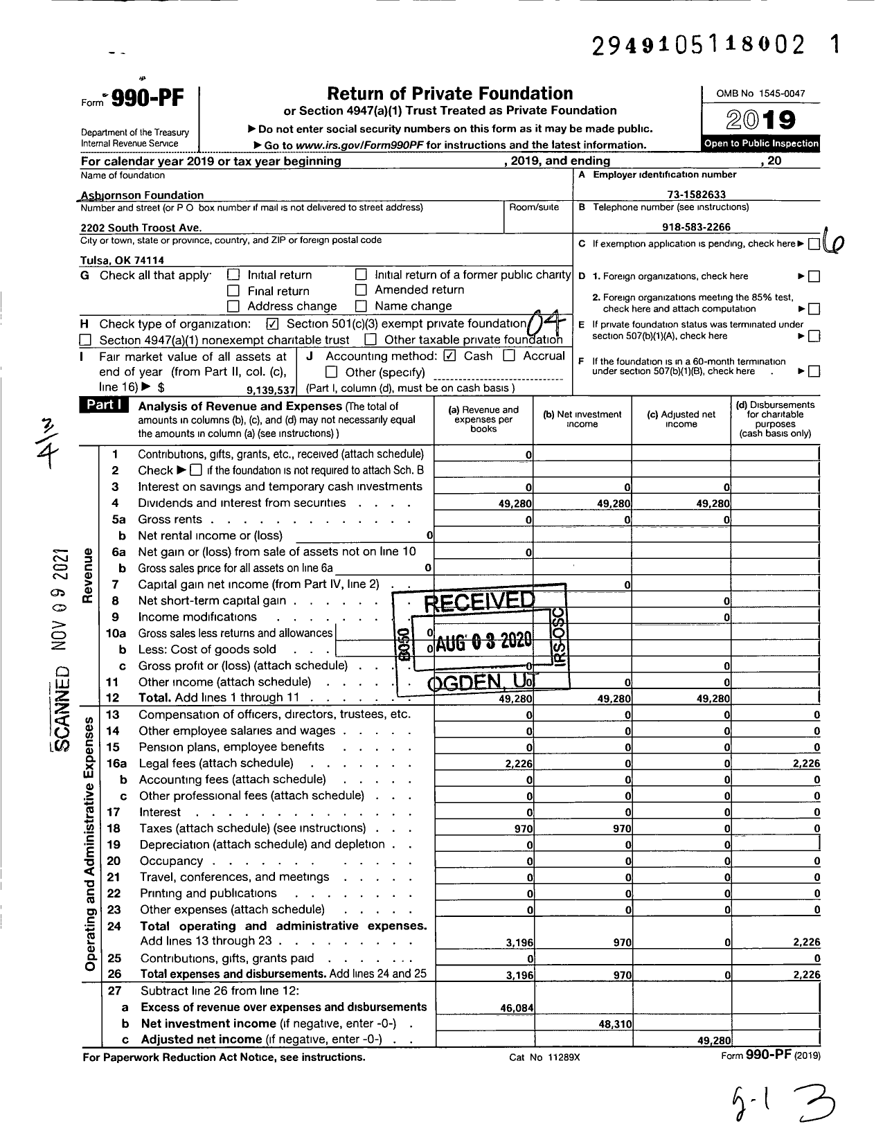 Image of first page of 2019 Form 990PF for Asbjornson Foundation