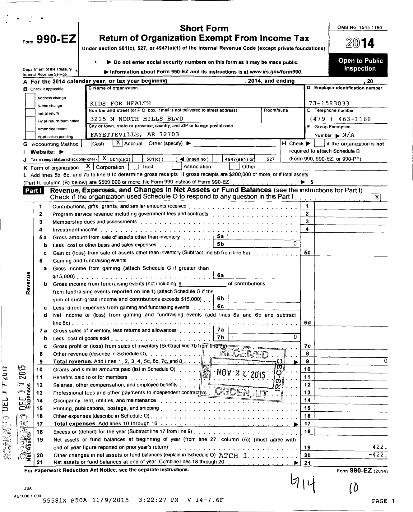 Image of first page of 2014 Form 990EZ for Kids for Health