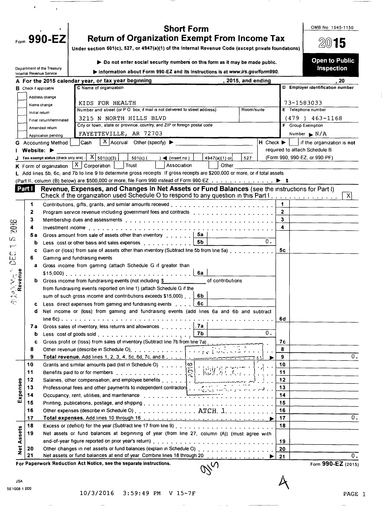 Image of first page of 2015 Form 990EZ for Kids for Health