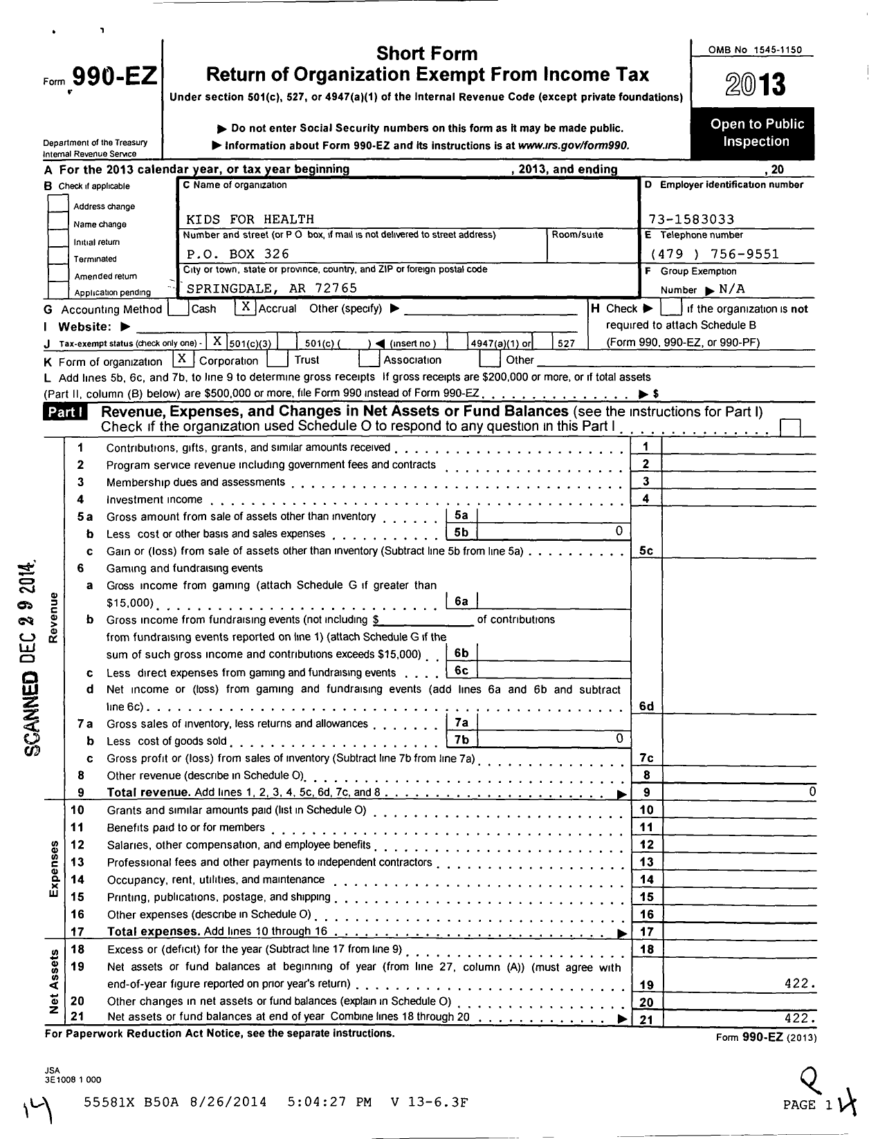 Image of first page of 2013 Form 990EZ for Kids for Health