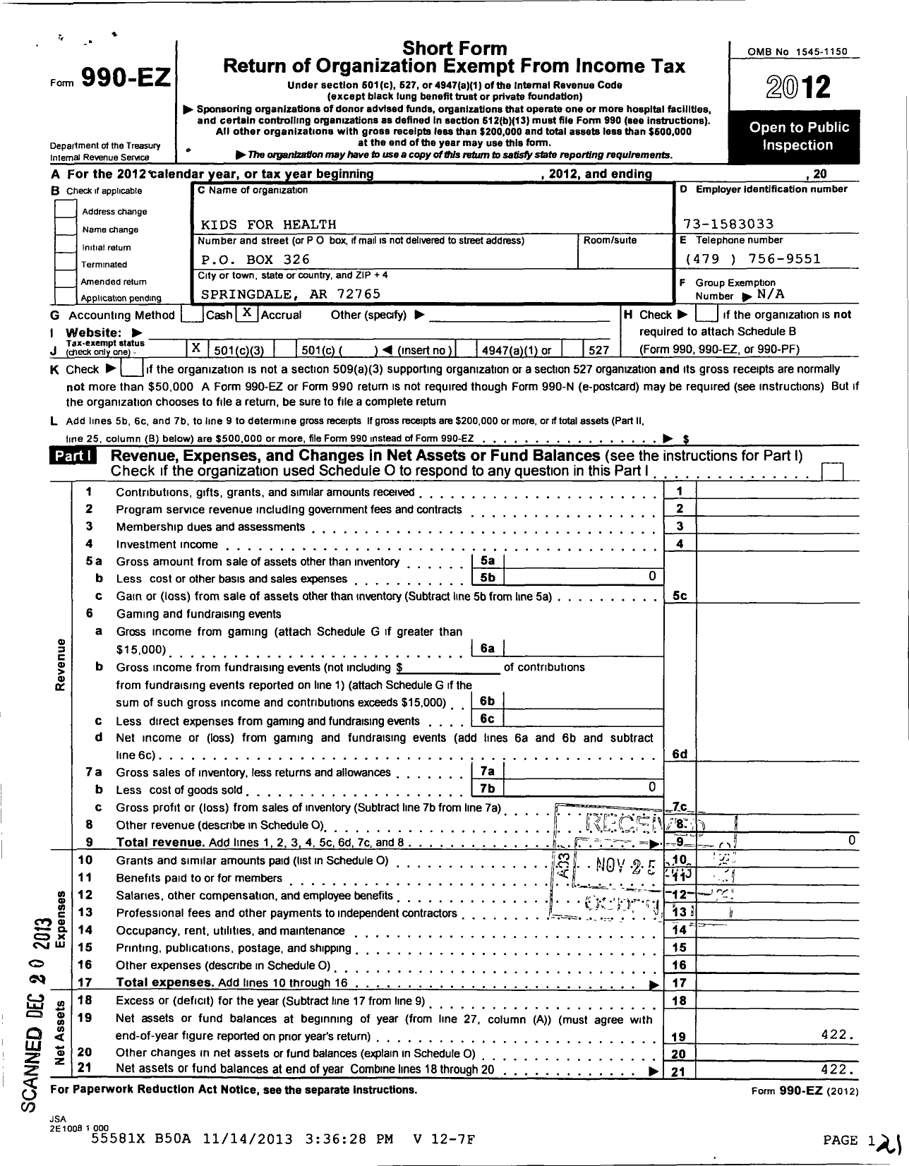 Image of first page of 2012 Form 990EZ for Kids for Health