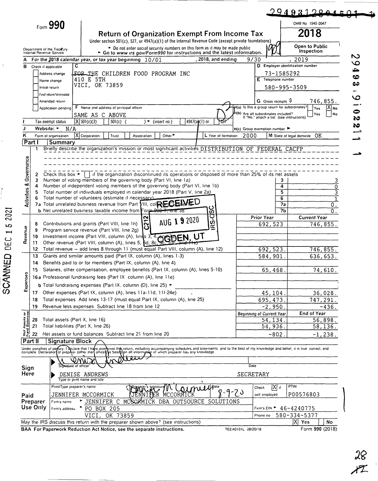 Image of first page of 2018 Form 990 for For The Children Food Program