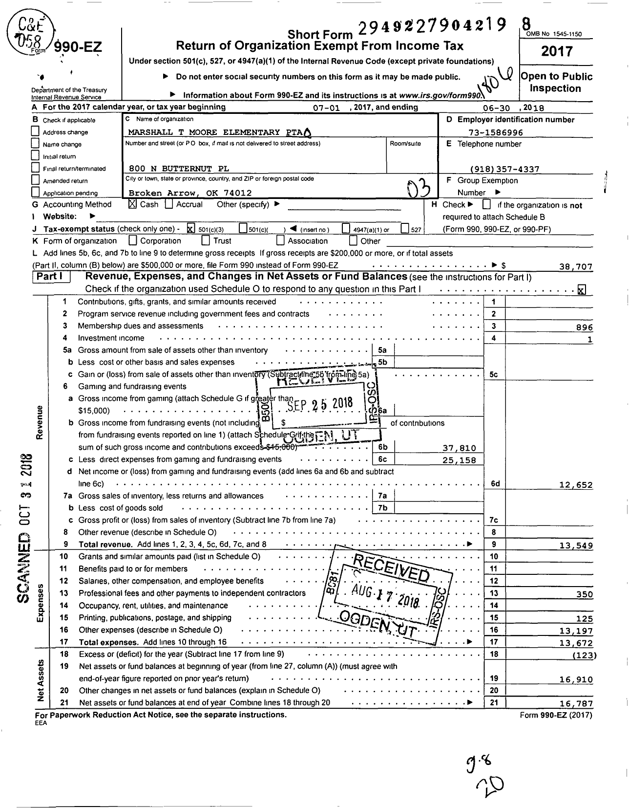 Image of first page of 2017 Form 990EZ for PTA Oklahoma Congress / Union Marshall T Moore