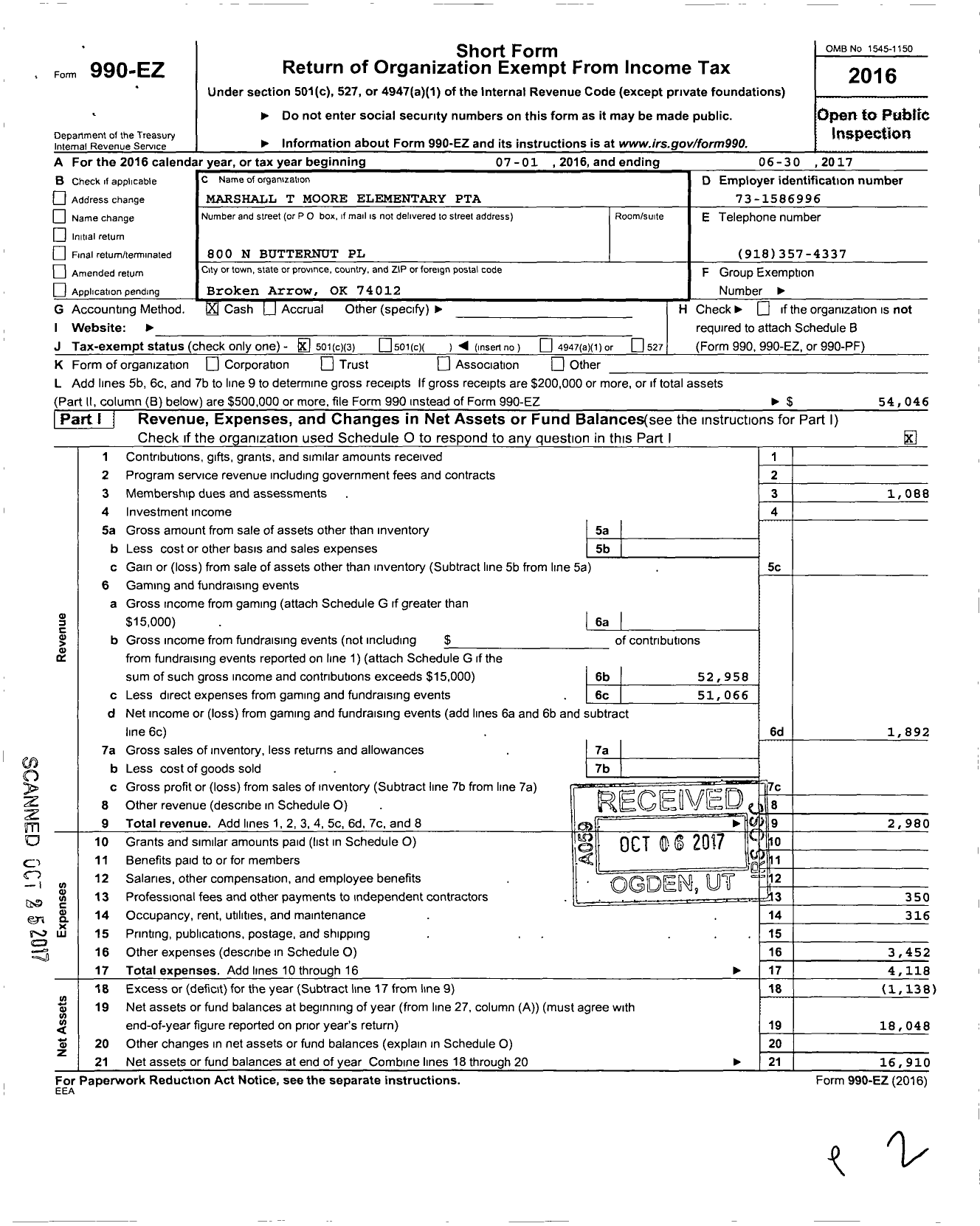 Image of first page of 2016 Form 990EZ for PTA Oklahoma Congress / Union Marshall T Moore