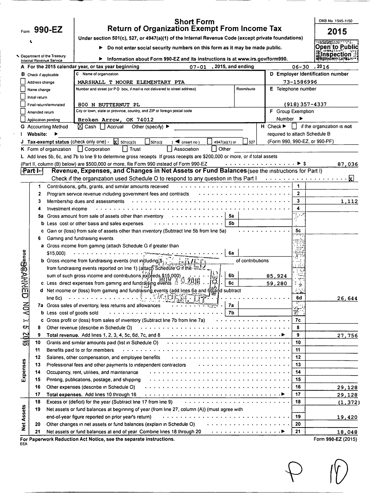 Image of first page of 2015 Form 990EZ for PTA Oklahoma Congress / Union Marshall T Moore