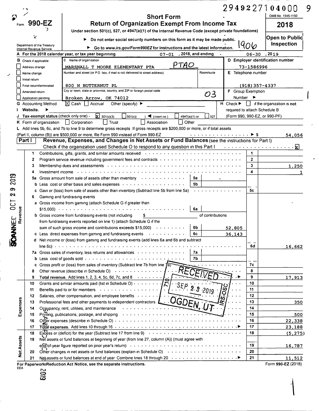 Image of first page of 2018 Form 990EZ for PTA Oklahoma Congress / Union Marshall T Moore