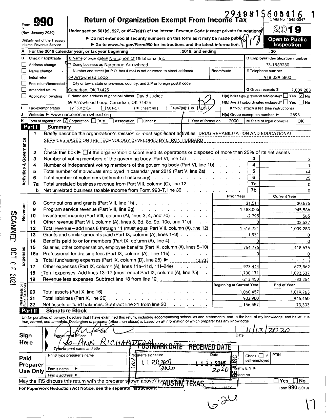 Image of first page of 2019 Form 990 for Narconon Arrowhead