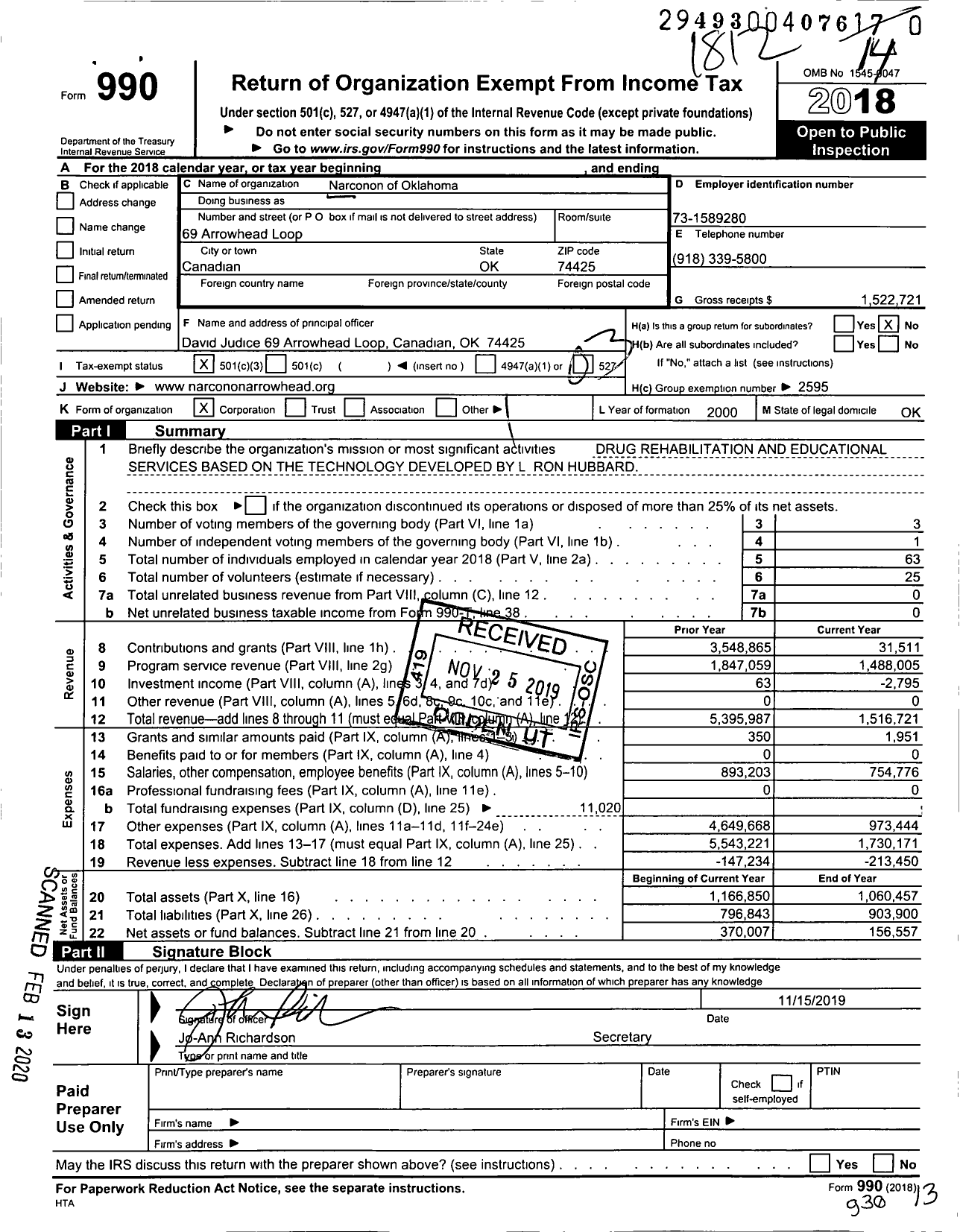 Image of first page of 2018 Form 990 for Narconon Arrowhead