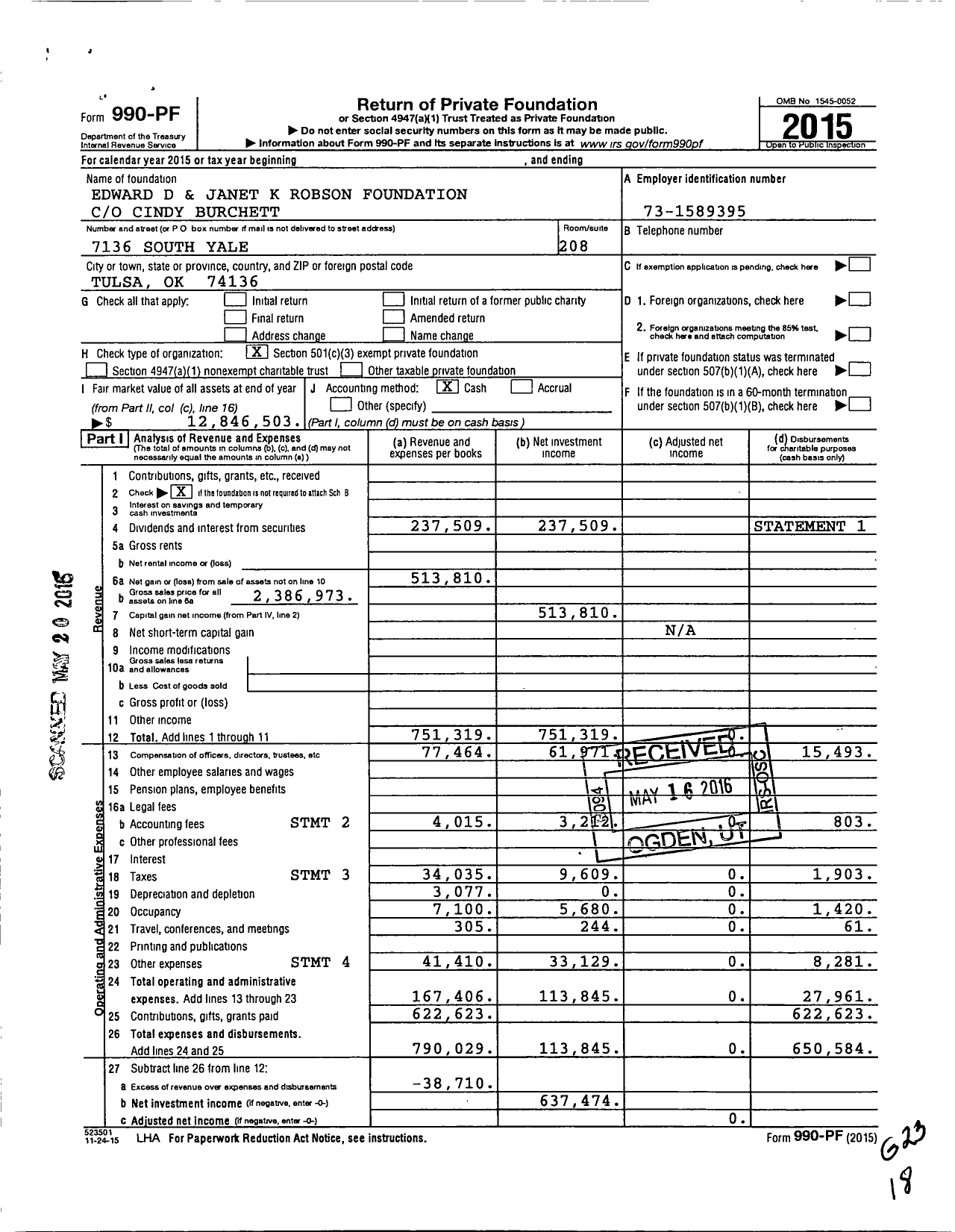 Image of first page of 2015 Form 990PF for Edward D and Janet K Robson Foundation
