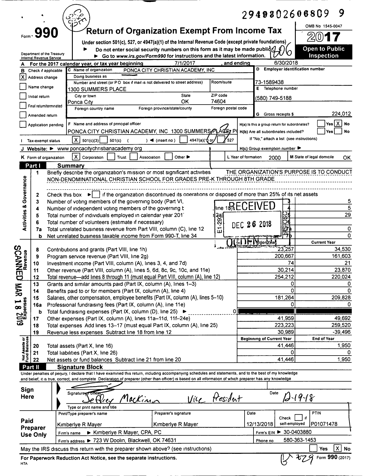 Image of first page of 2017 Form 990 for Ponca City Christian Academy