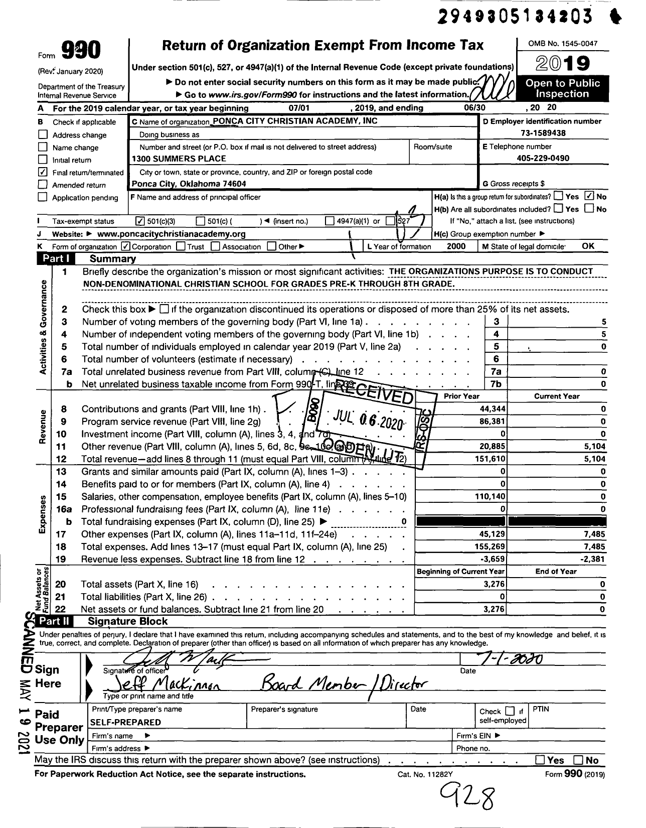 Image of first page of 2019 Form 990 for Ponca City Christian Academy