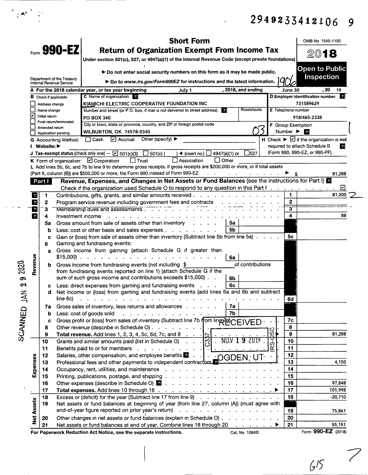 Image of first page of 2018 Form 990EZ for Kiamichi Electric Cooperative Foundation