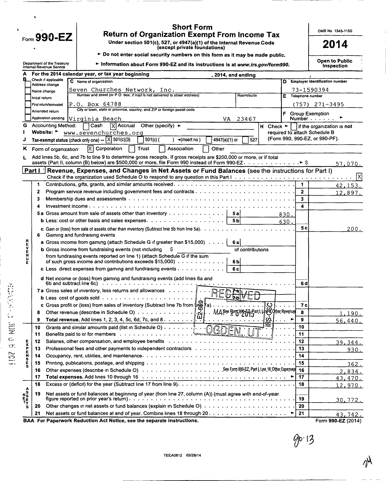 Image of first page of 2014 Form 990EZ for Seven Churches Network