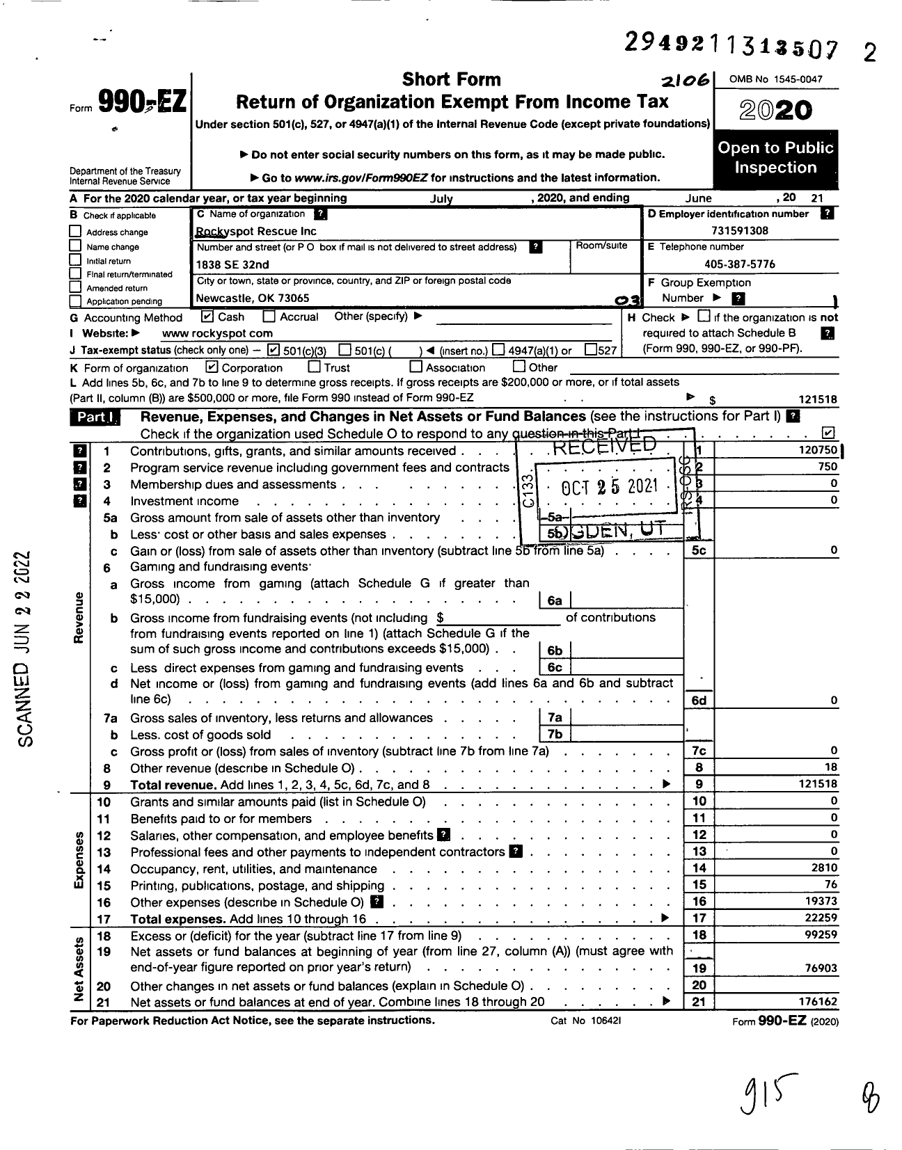 Image of first page of 2020 Form 990EZ for Rockyspot Rescue