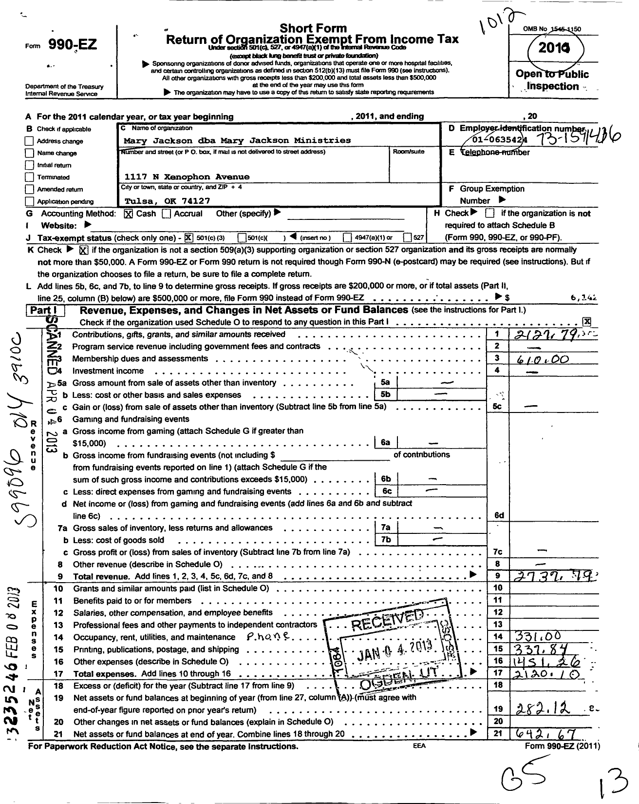 Image of first page of 2010 Form 990EZ for Mary Jackson Ministries