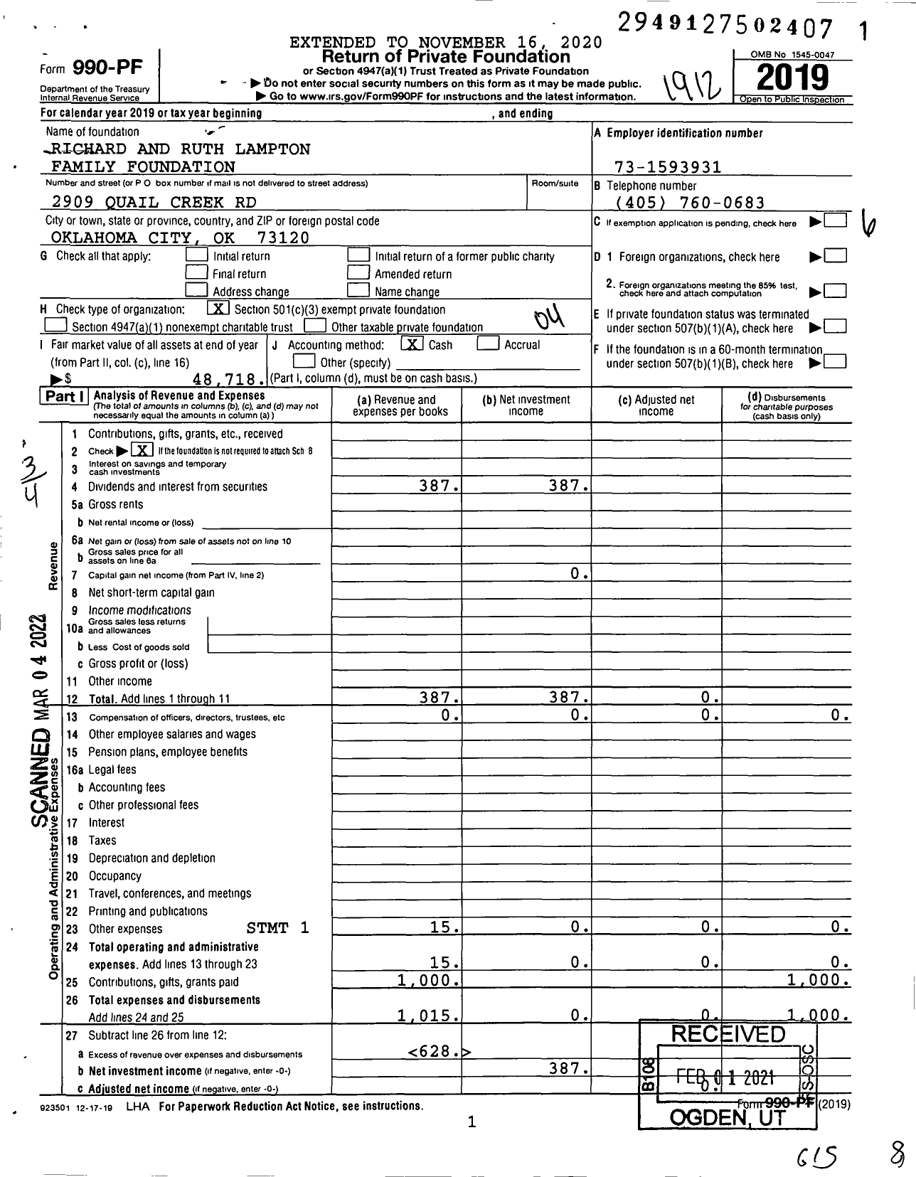 Image of first page of 2019 Form 990PF for Richard and Ruth Lampton Family Foundation