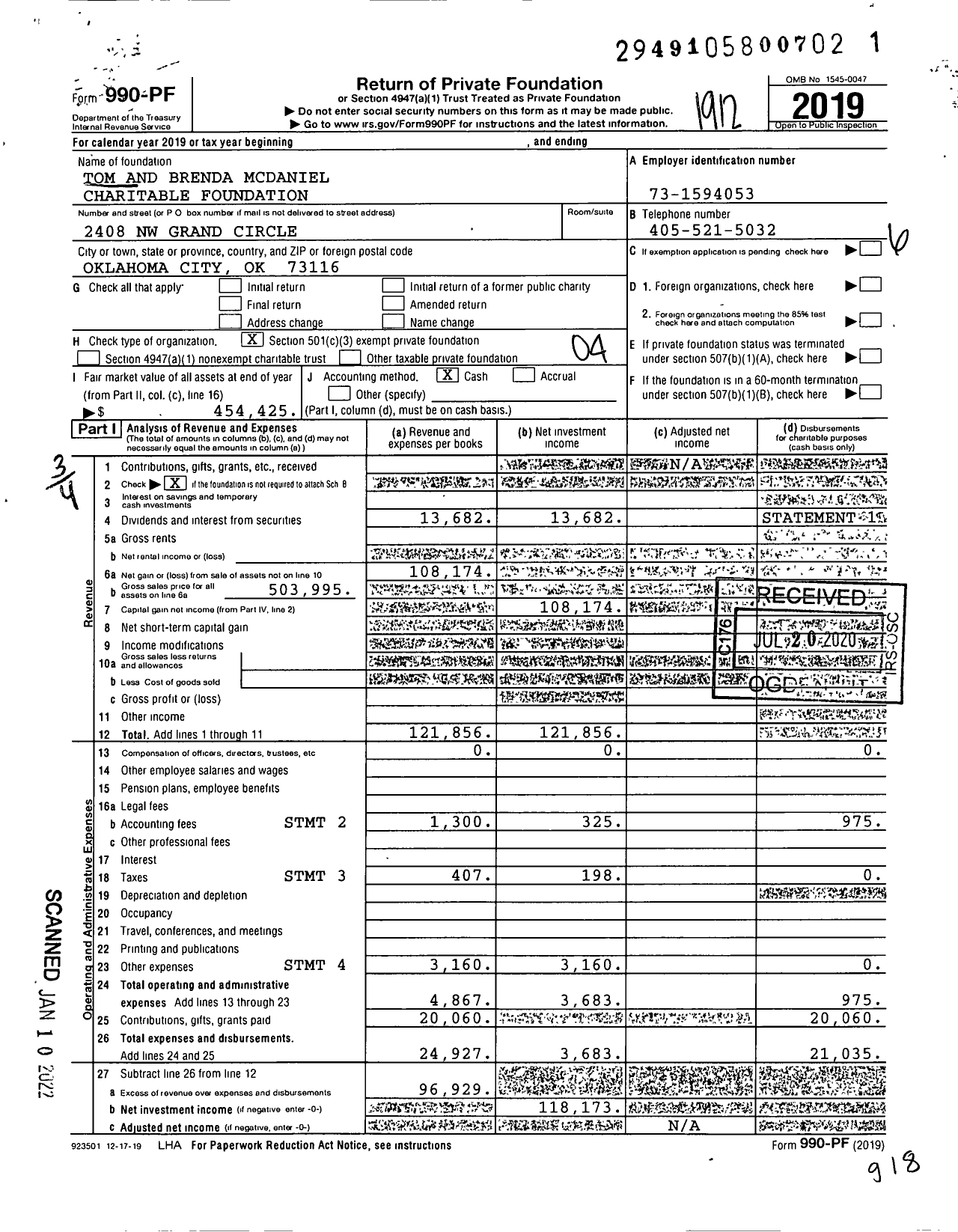 Image of first page of 2019 Form 990PF for Tom and Brenda Mcdaniel Charitable Foundation