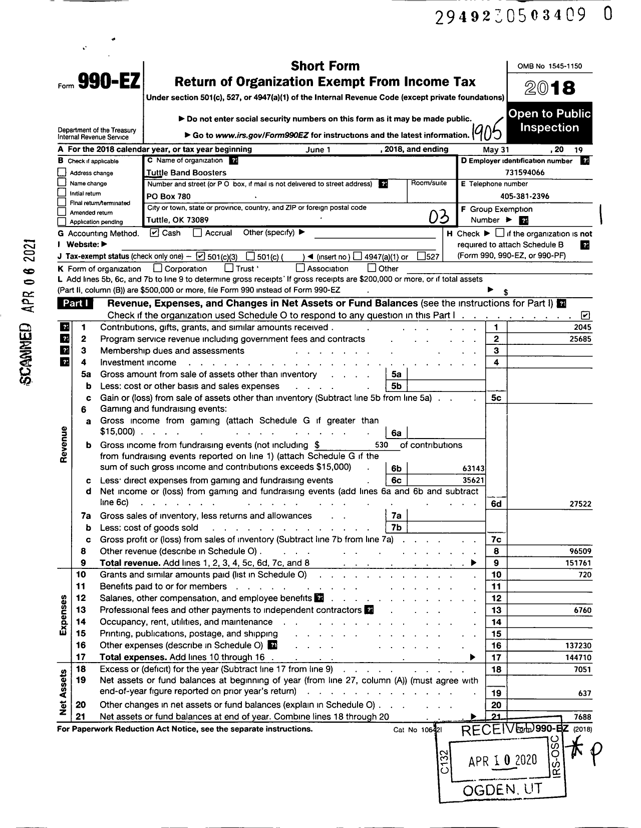 Image of first page of 2018 Form 990EZ for Tuttle Band Boosters