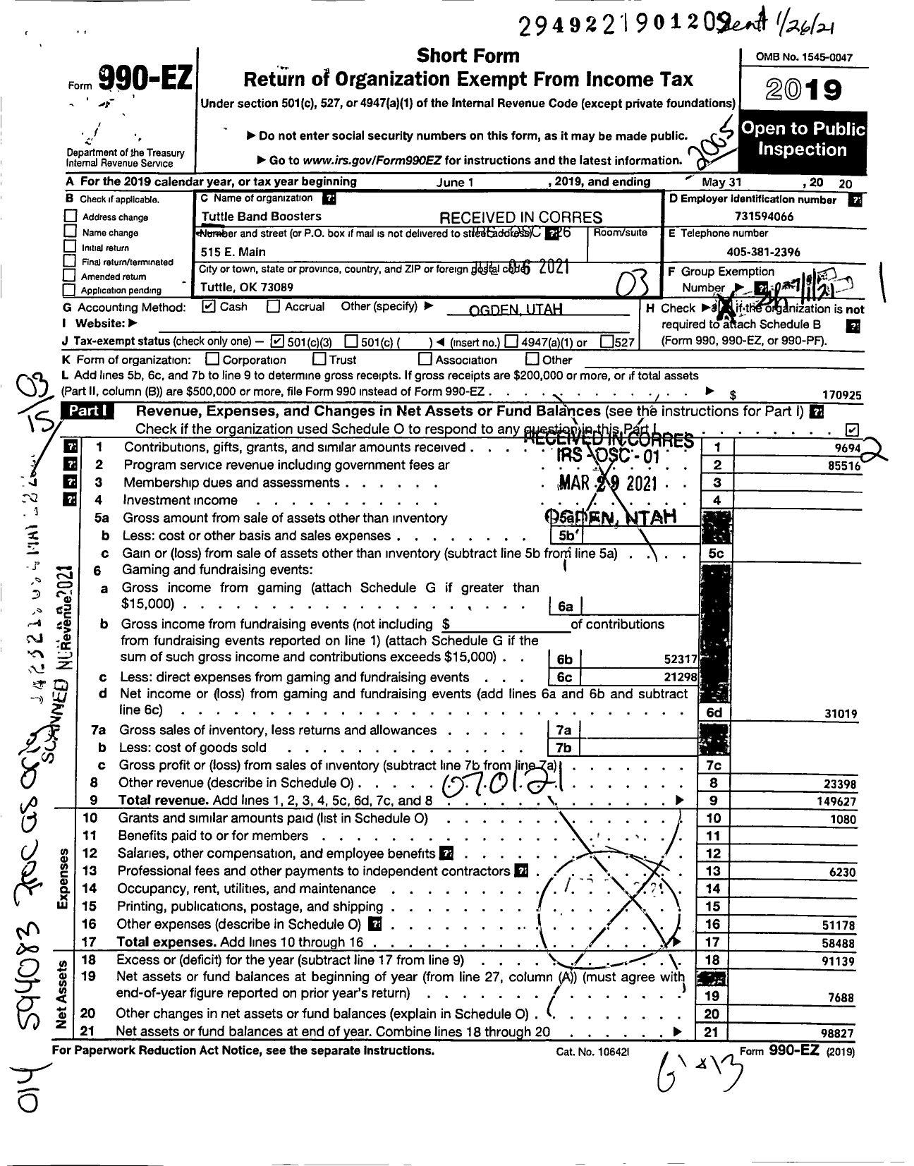 Image of first page of 2019 Form 990EZ for Tuttle Band Boosters