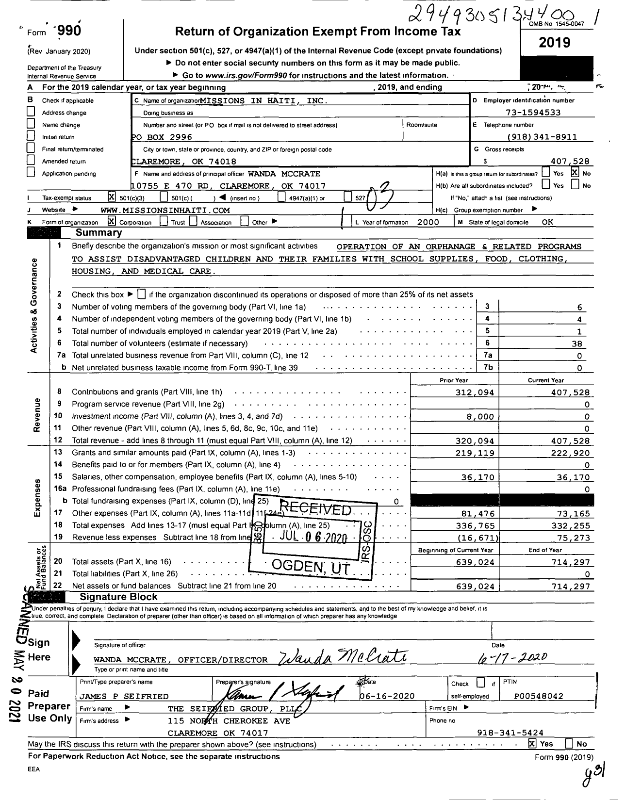 Image of first page of 2019 Form 990 for Missions in Haiti