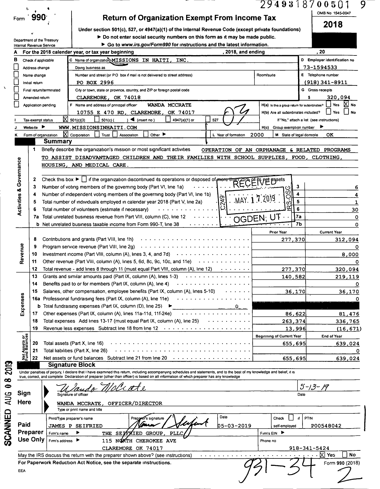 Image of first page of 2018 Form 990 for Missions in Haiti