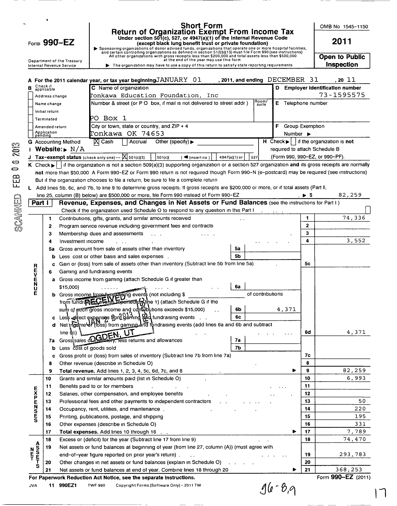 Image of first page of 2011 Form 990EZ for Tonkawa Education Foundation