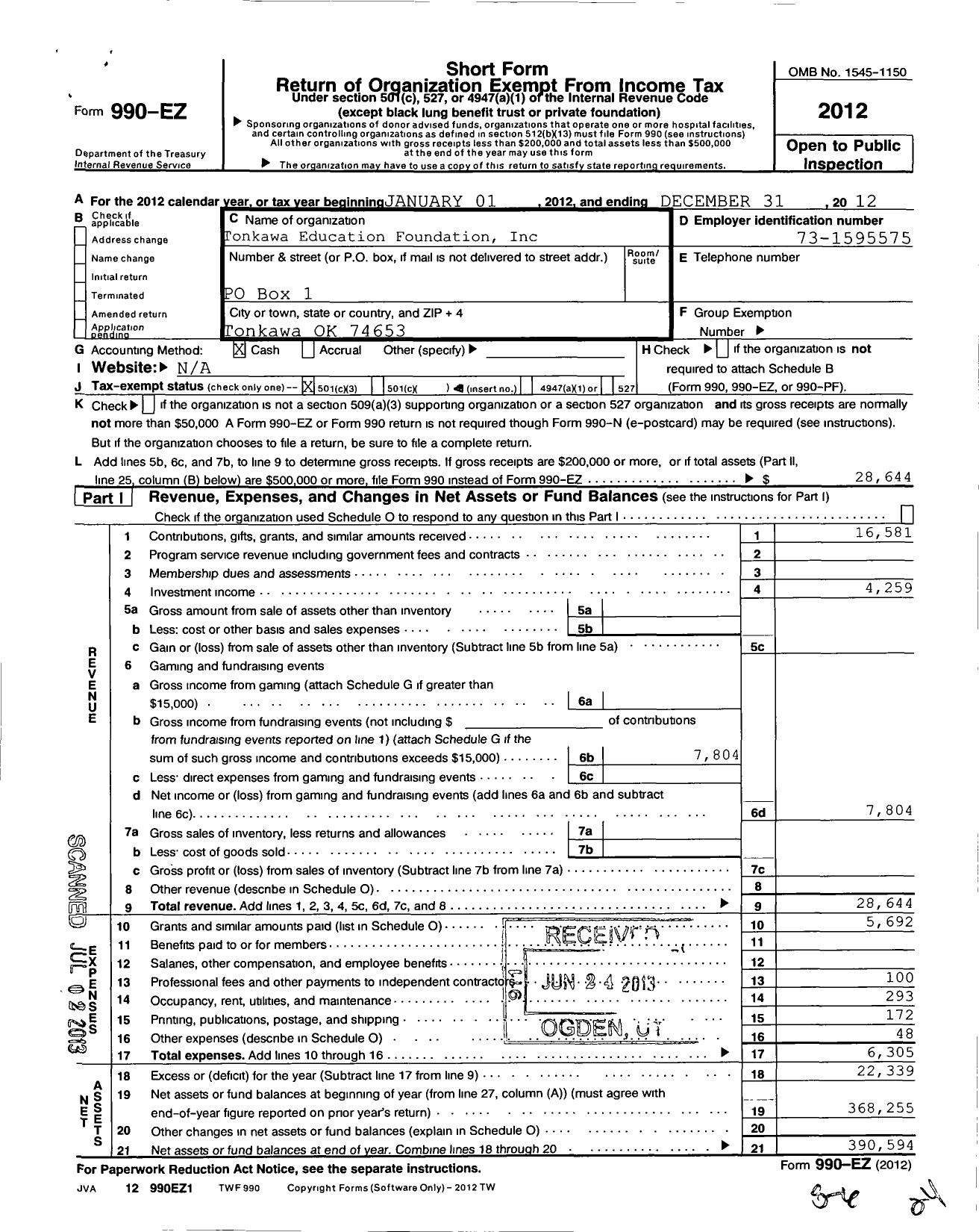 Image of first page of 2012 Form 990EZ for Tonkawa Education Foundation