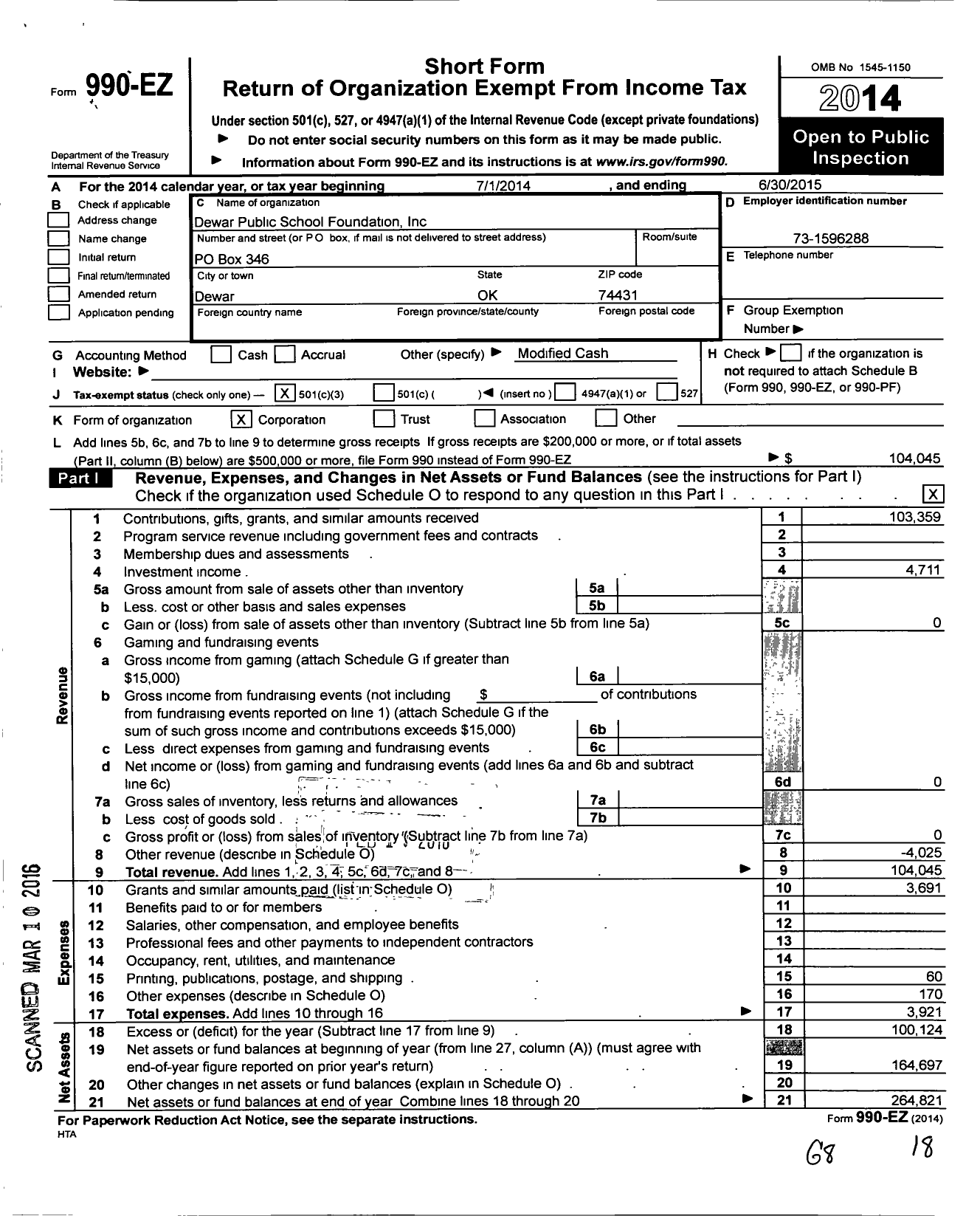 Image of first page of 2014 Form 990EZ for Dewar Public School Foundation