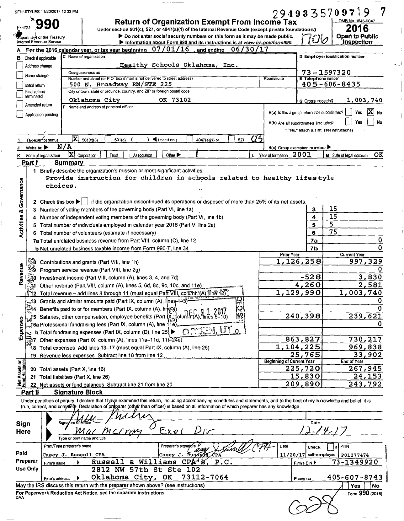 Image of first page of 2016 Form 990 for Healthy Schools Oklahoma