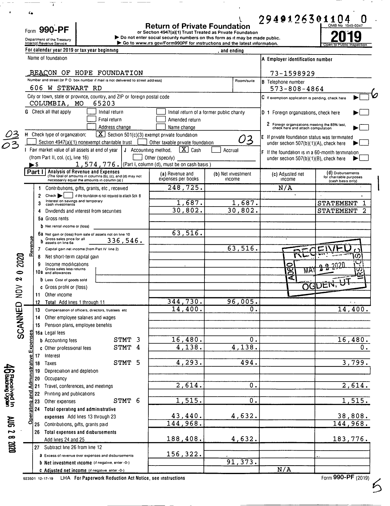 Image of first page of 2019 Form 990PF for Beacon of Hope Foundation