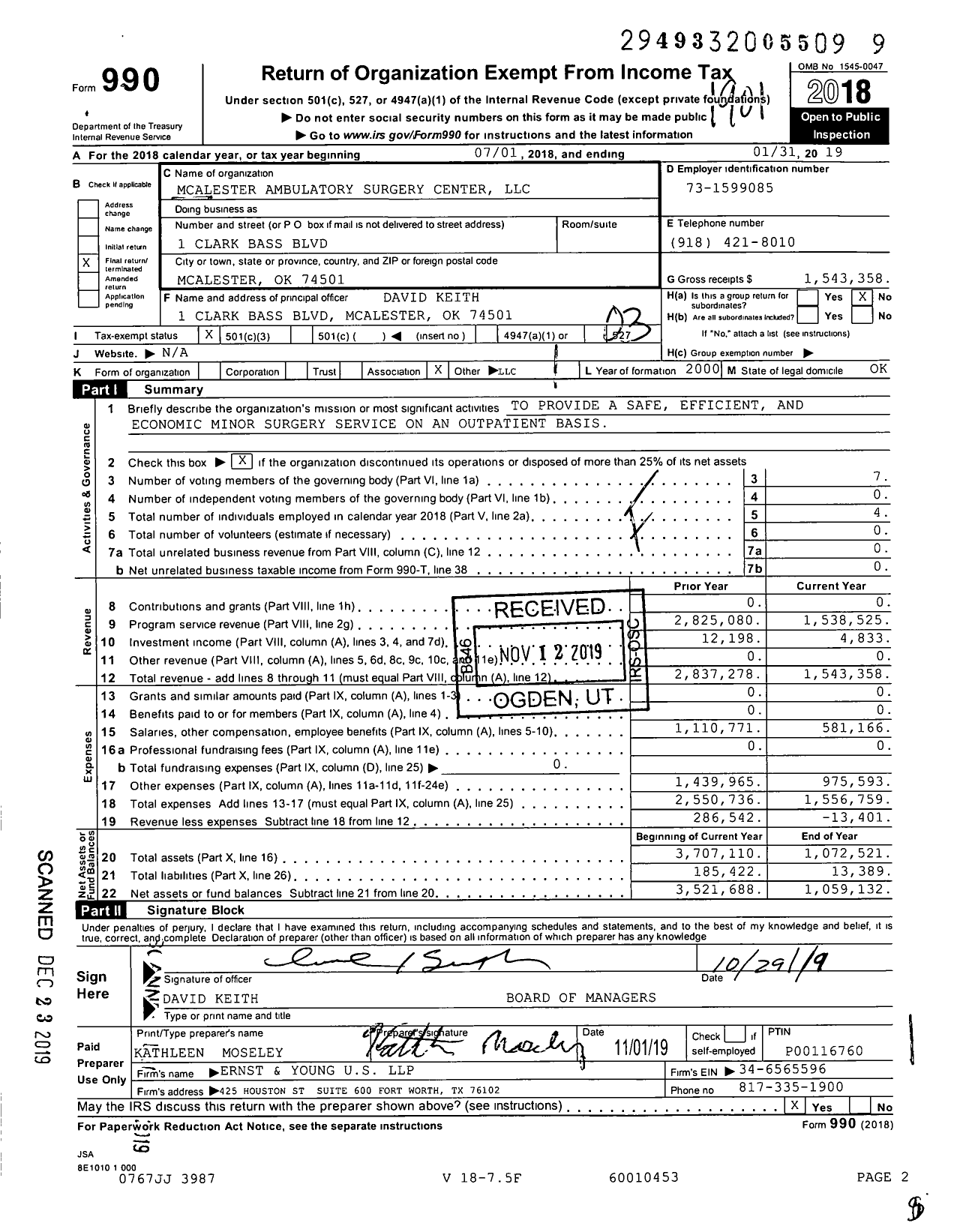 Image of first page of 2018 Form 990 for McAlester Ambulatory Surgery Center LLC