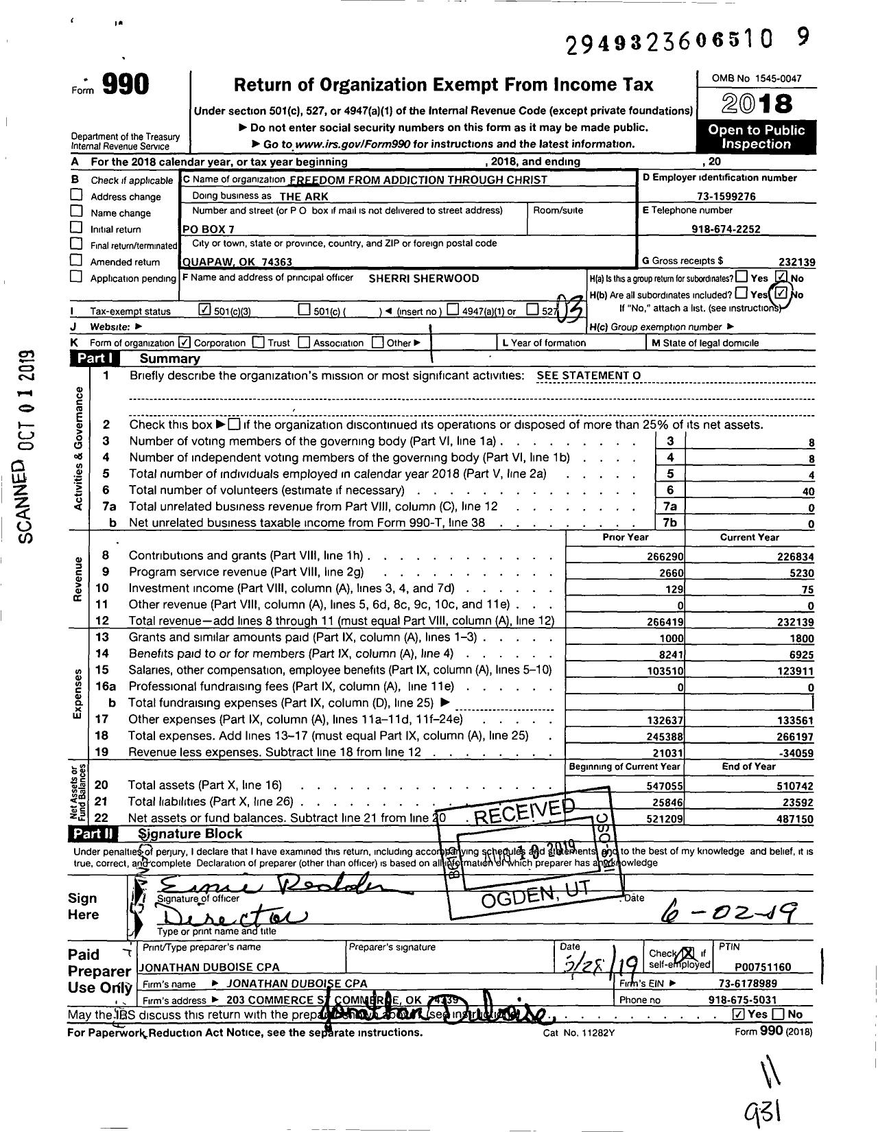 Image of first page of 2018 Form 990 for Freedom From Addiction Through Christ