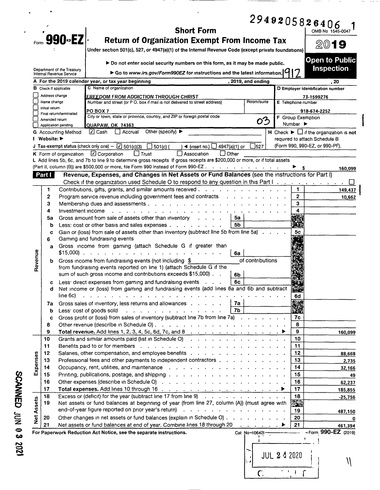 Image of first page of 2019 Form 990EZ for Freedom From Addiction Through Christ