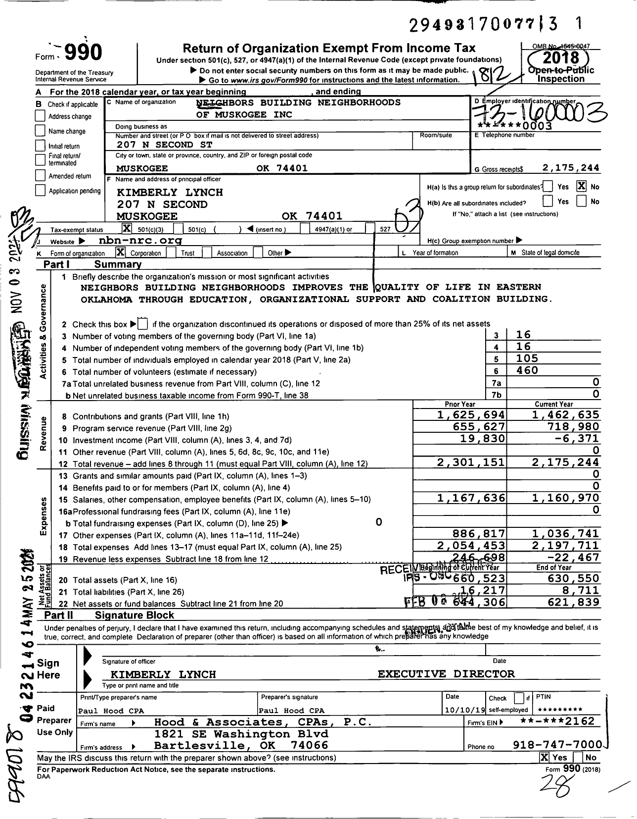 Image of first page of 2018 Form 990 for Neighbors Building Neighborhoods of Muskogee