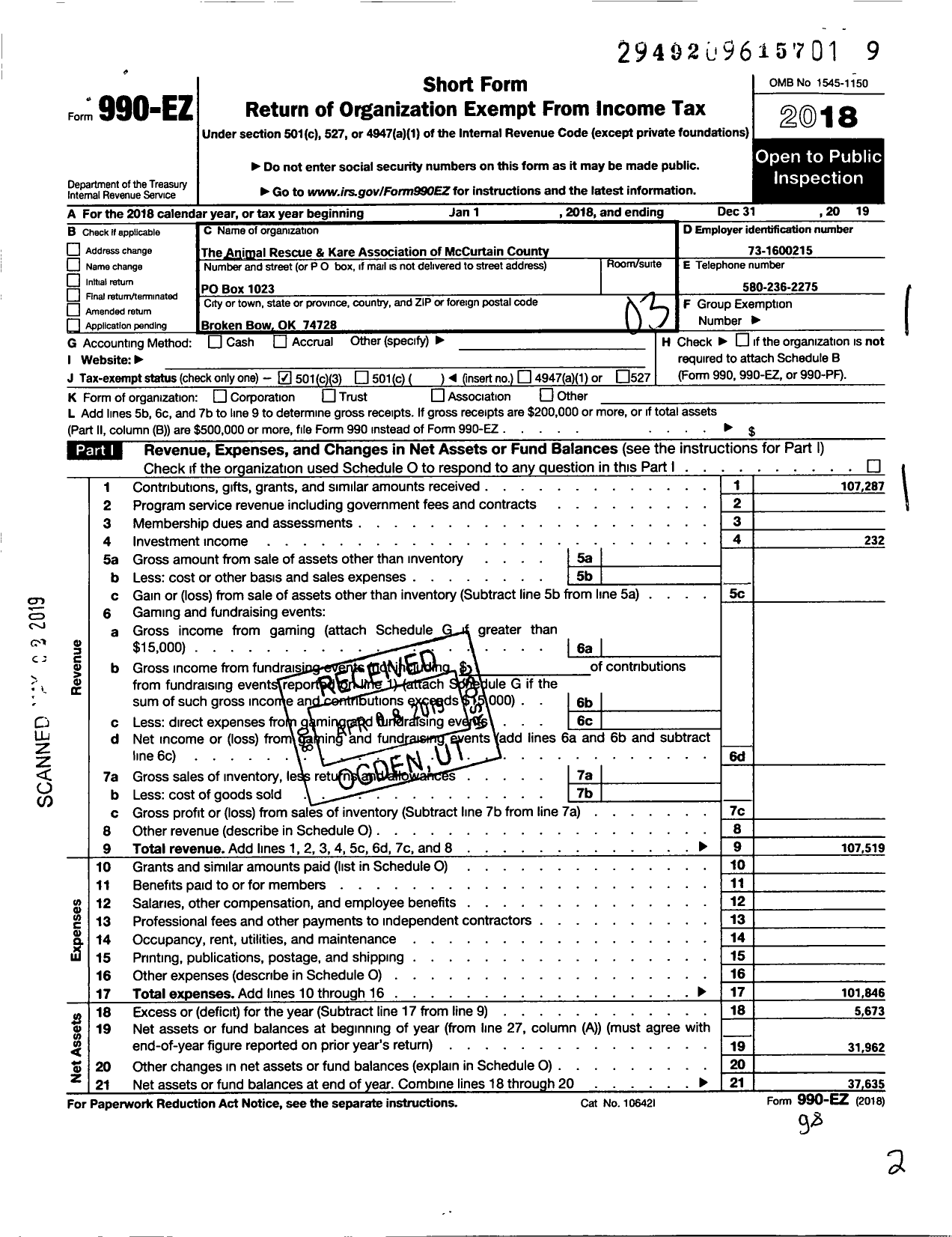 Image of first page of 2019 Form 990EZ for Animal Rescue and Kare Association of Mccurtain County