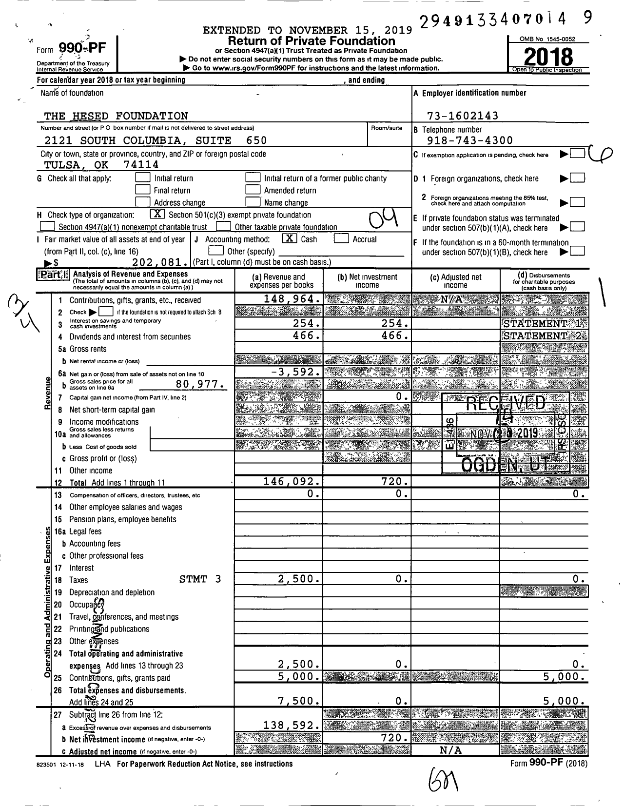 Image of first page of 2018 Form 990PF for The Hesed Foundation