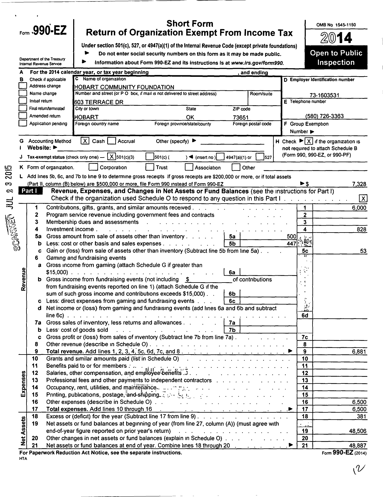 Image of first page of 2014 Form 990EZ for Hobart Community Foundation