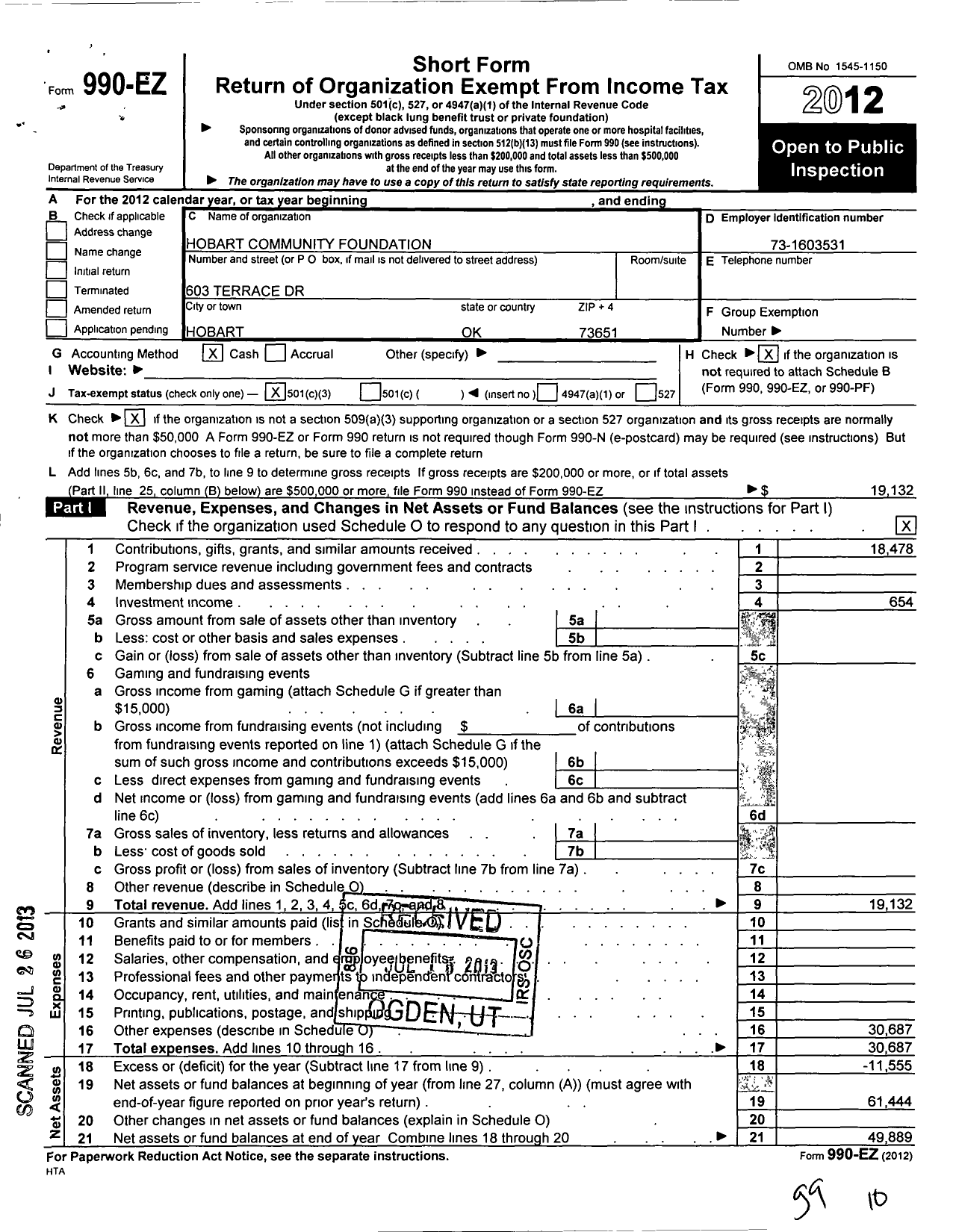 Image of first page of 2012 Form 990EZ for Hobart Community Foundation