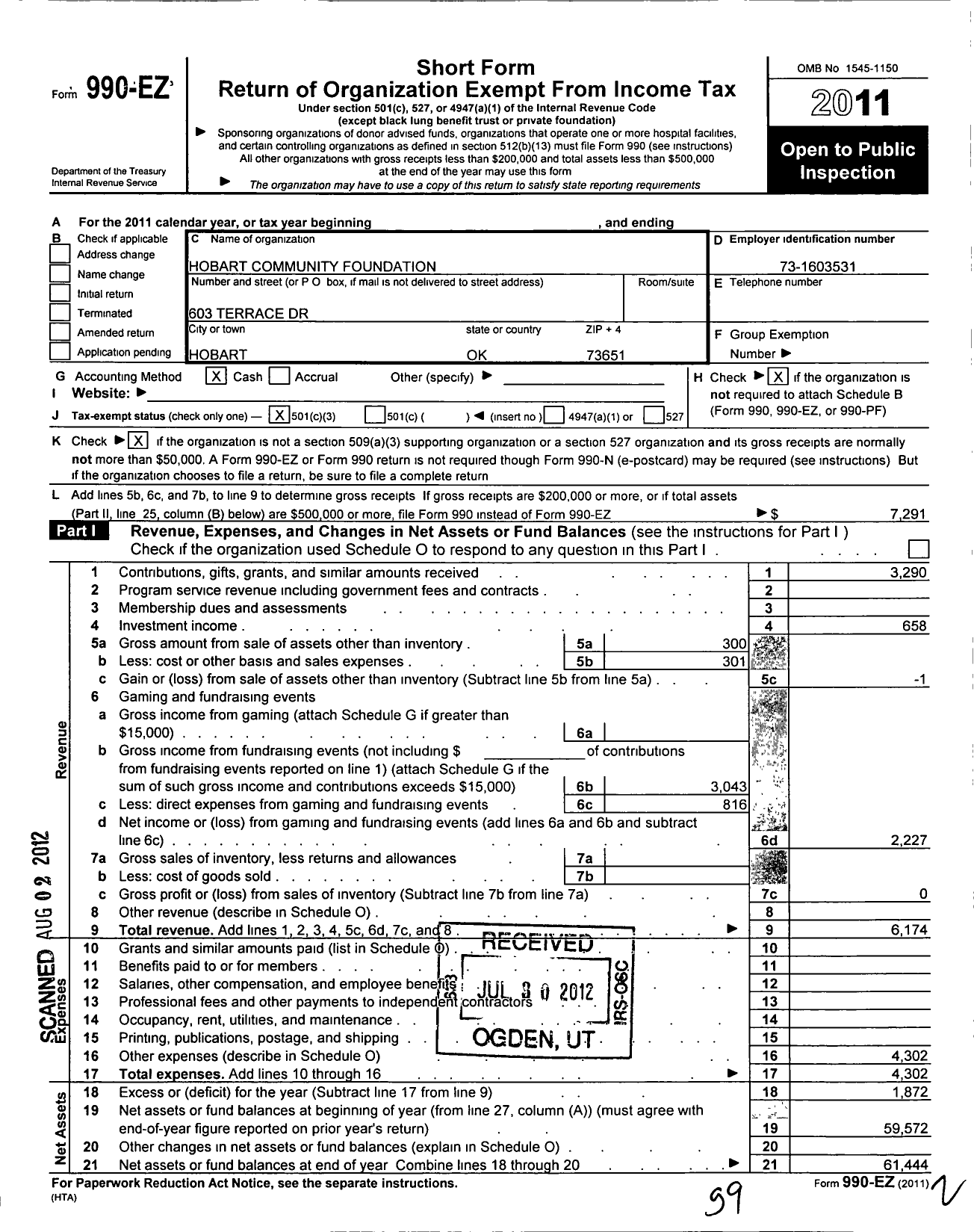 Image of first page of 2011 Form 990EZ for Hobart Community Foundation