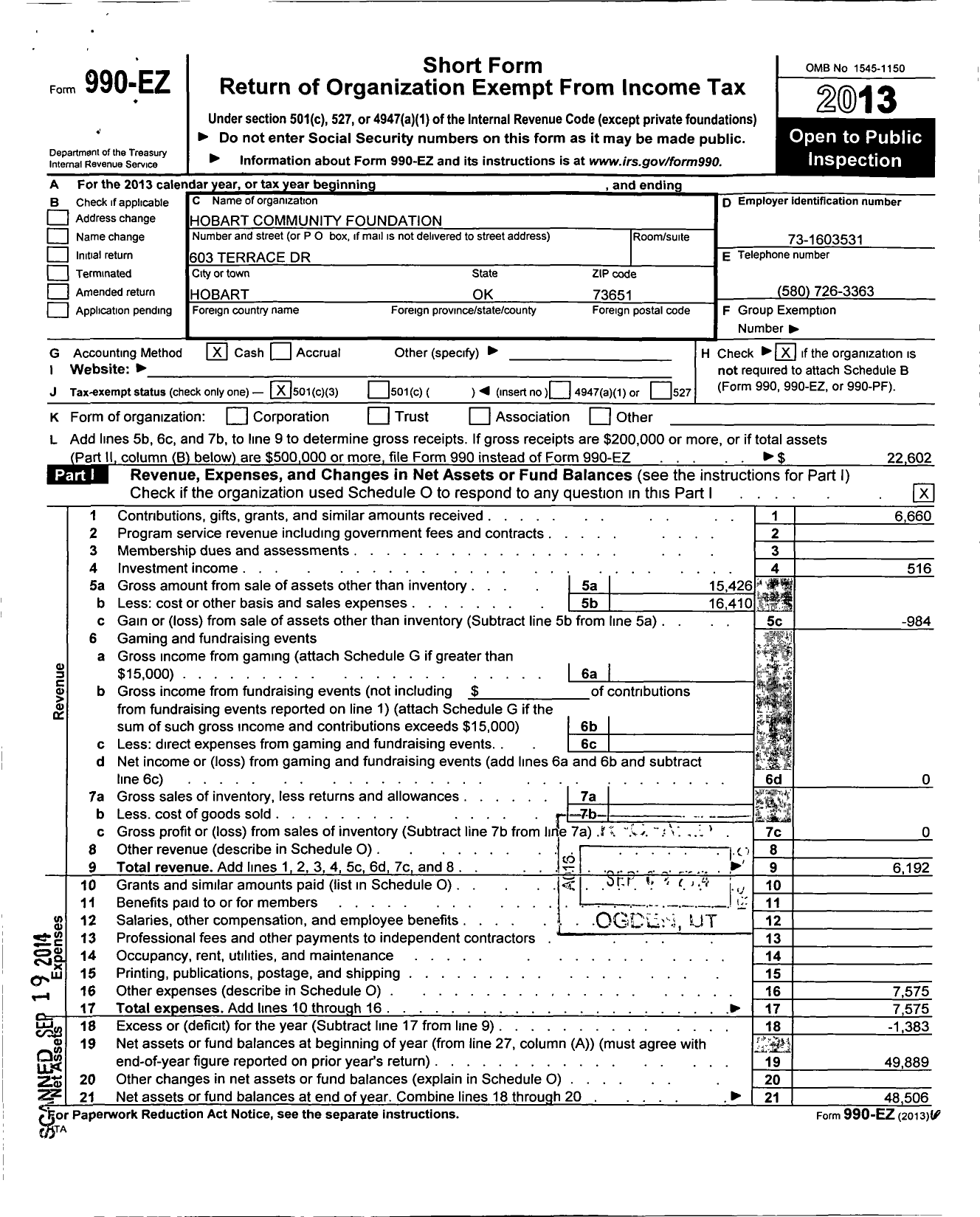 Image of first page of 2013 Form 990EZ for Hobart Community Foundation