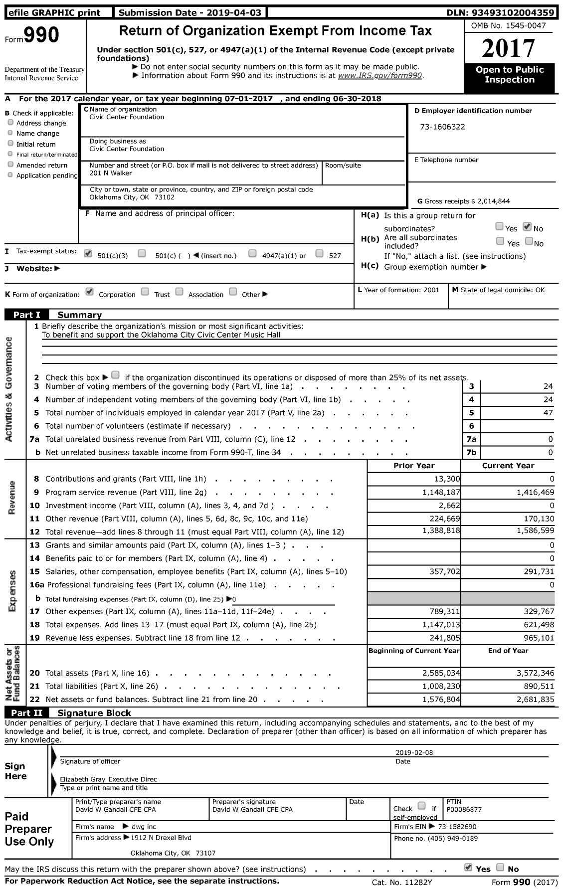 Image of first page of 2017 Form 990 for Civic Center Foundation